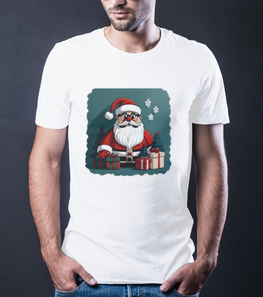 Santa Claus With Snowflakes And Presents Christmas Holiday Scene T-Shirt