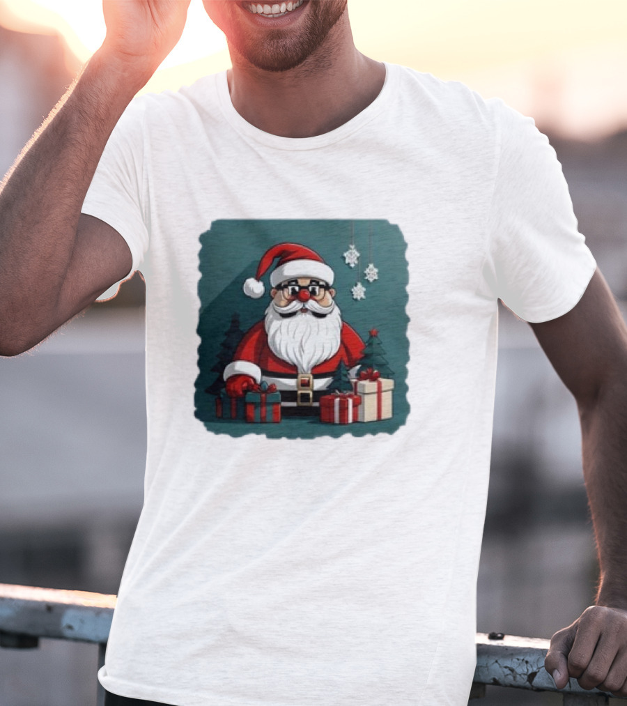 Santa Claus With Snowflakes And Presents Christmas Holiday Scene T-Shirt