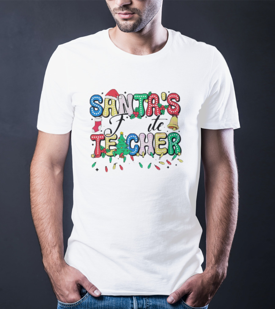 Santa's Favorite Teacher Christmas Light With Hat, Stocking, Bell, And Tree T-Shirt