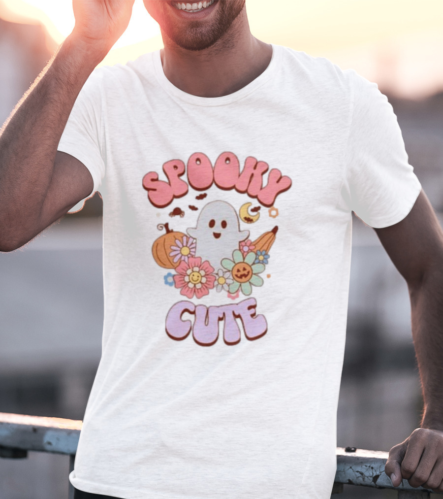 Spooky Cute Ghost With Pumpkins Flowers And Crescent Moon T-Shirt