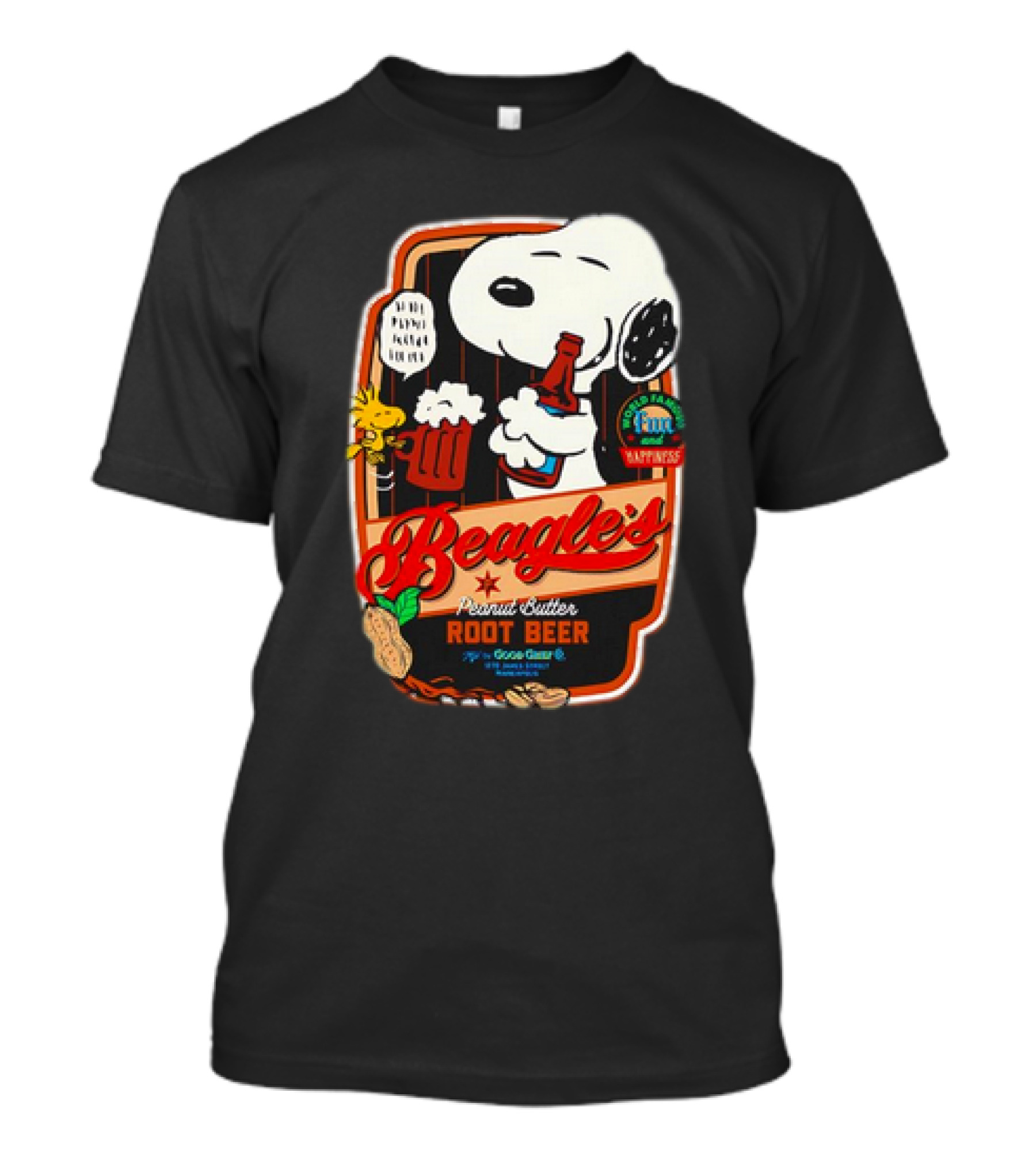 Snoopy And Woodstock Beagle's Peanut Butter Root Beer Good Grief Co Happiness T-Shirt