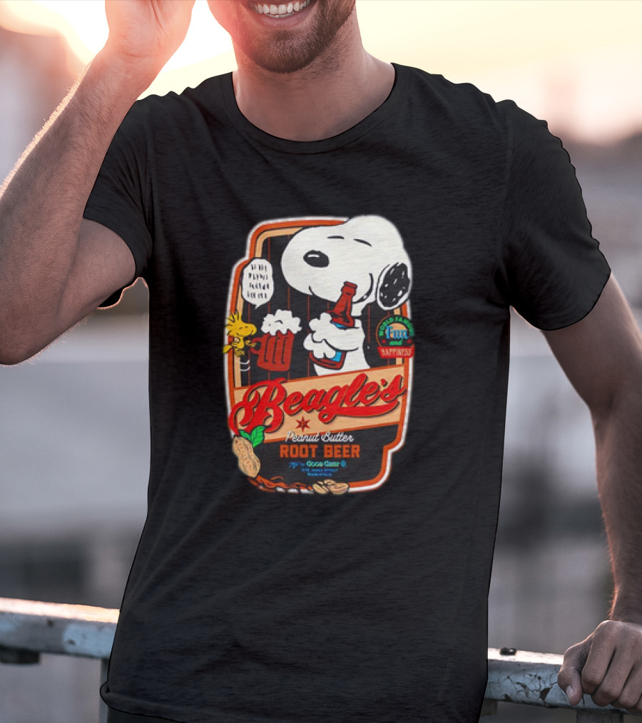 Snoopy And Woodstock Beagle's Peanut Butter Root Beer Good Grief Co Happiness T-Shirt