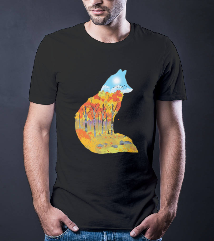 Fox Autumn Forest Landscape With Sun And Birds - I Am The Forest II T-Shirt