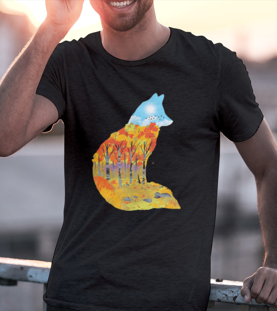 Fox Autumn Forest Landscape With Sun And Birds - I Am The Forest II T-Shirt