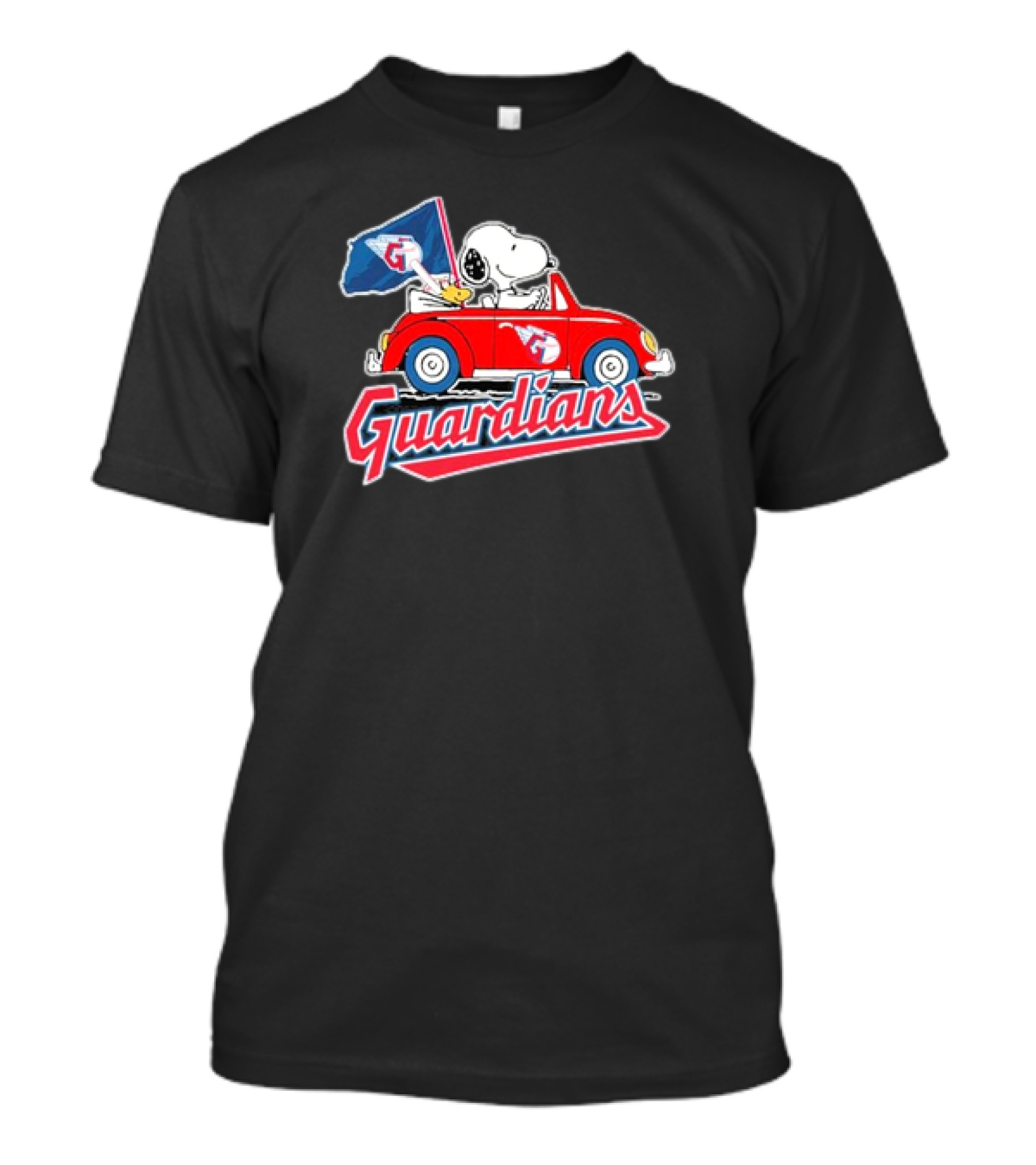 Peanuts Snoopy Woodstock Driving Car Cleveland Guardians Flag T-Shirt