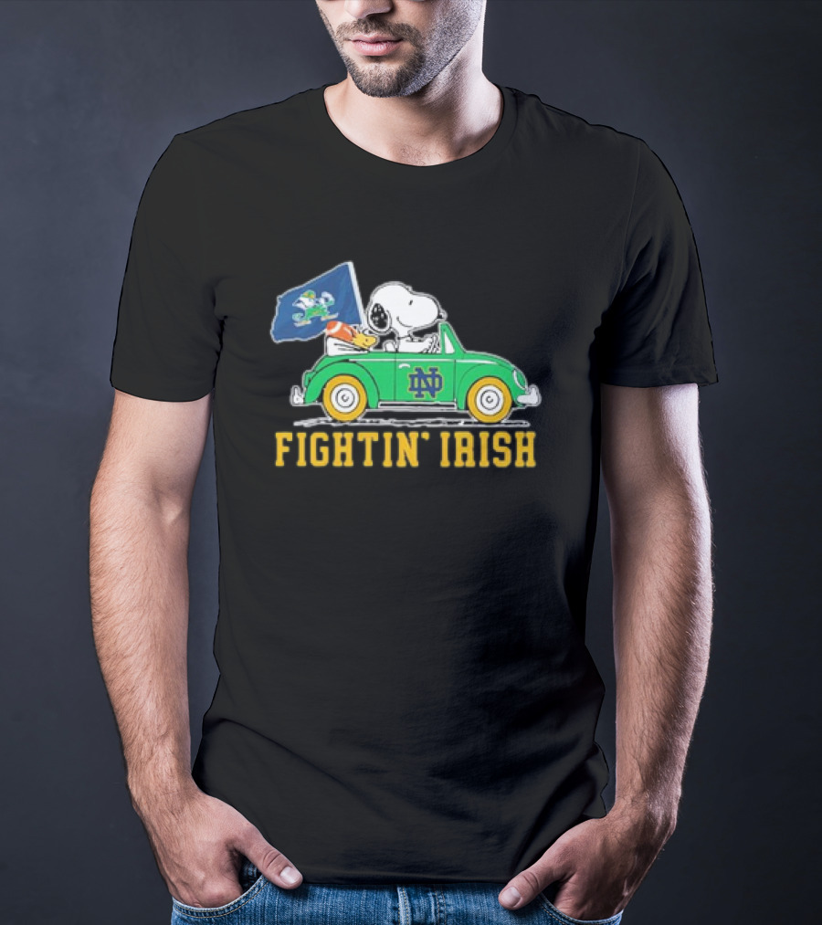 Peanuts Snoopy Woodstock Driving Notre Dame Fighting Irish Car T-Shirt