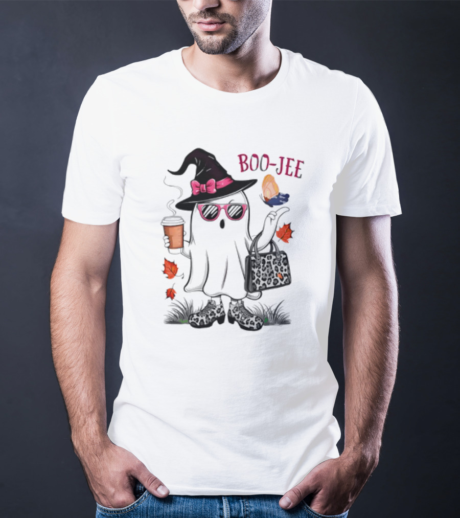 Boo Jee Leopard Ghost Fall Vibes With Hat And Coffee T-Shirt