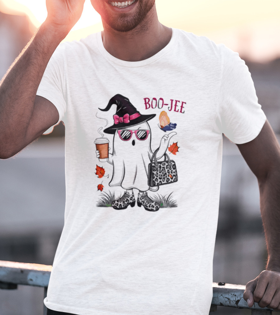 Boo Jee Leopard Ghost Fall Vibes With Hat And Coffee T-Shirt