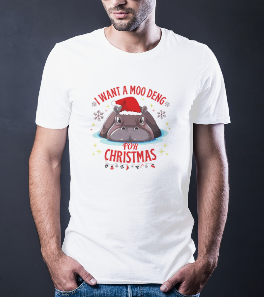 I Want A Moo Deng For Christmas Hippo Santa Hat Cute T-Shirt