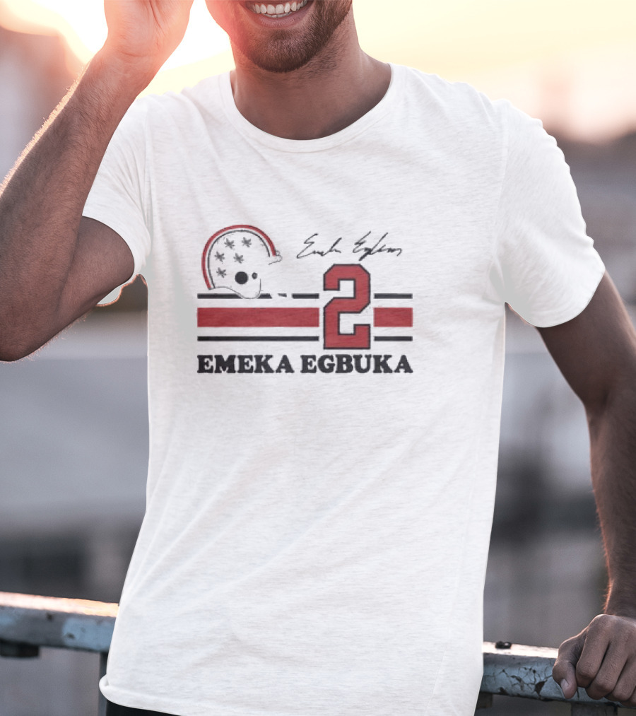 Ohio State Emeka Egbuka #2 Signature Jersey With Helmet And Stripes T-Shirt