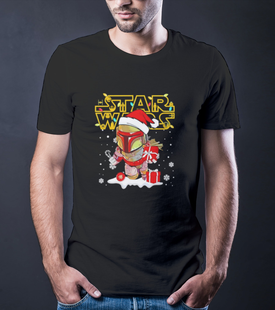 Disneyland Star Wars Boba Fett Christmas Santa Hat And Gifts Snowflakes T-Shirt