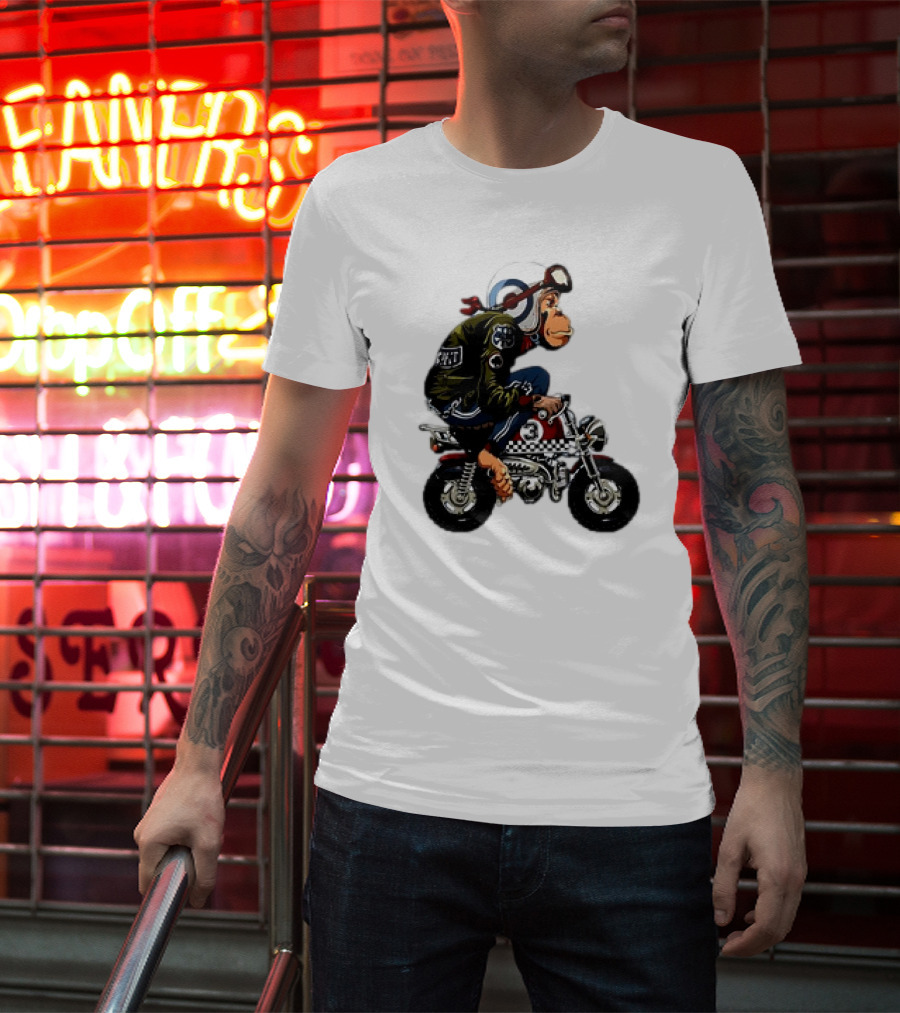 Monkey Riding Checkered Mini Bike Cartoon T-Shirt