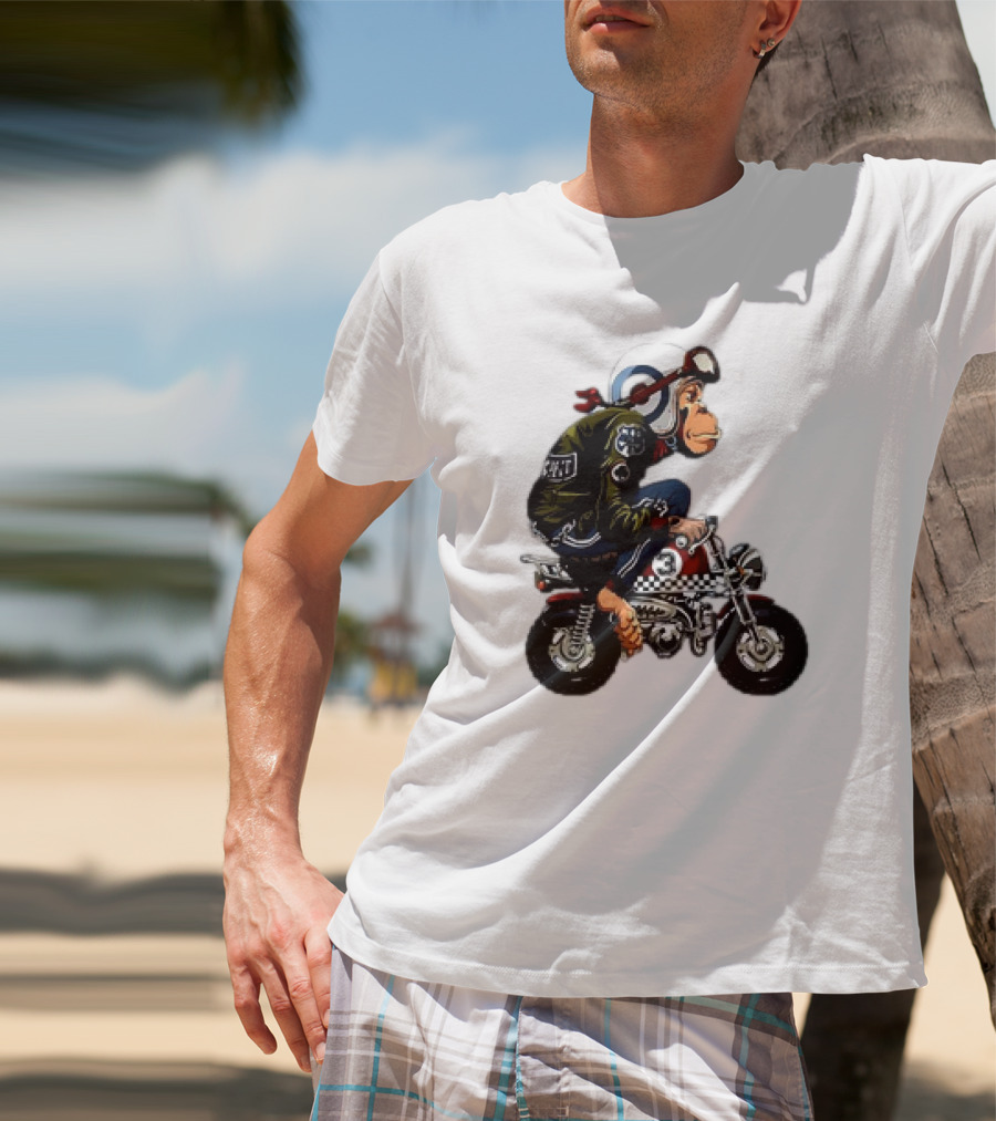 Monkey Riding Checkered Mini Bike Cartoon T-Shirt