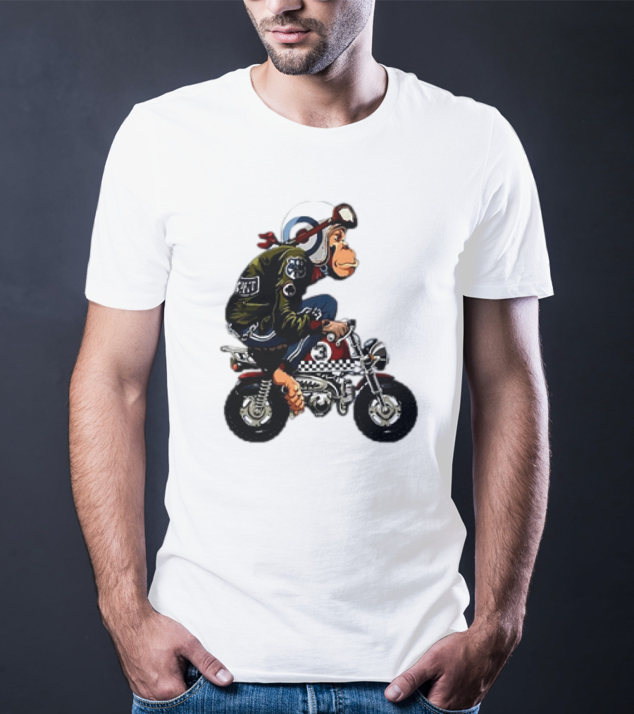 Monkey Riding Checkered Mini Bike Cartoon T-Shirt