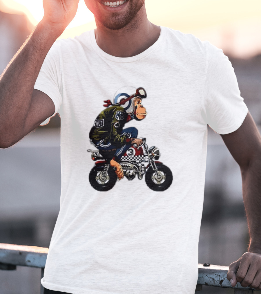 Monkey Riding Checkered Mini Bike Cartoon T-Shirt
