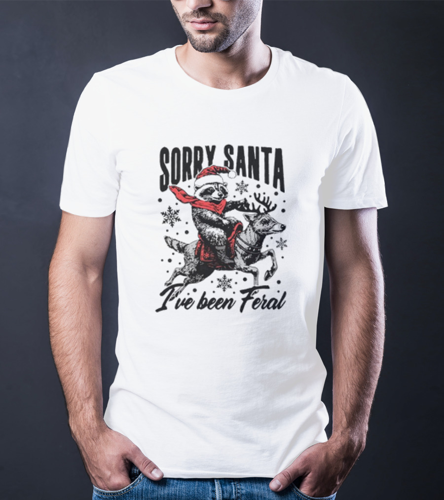 Sorry Santa I've Been Feral Retro Christmas Funny Raccoon Santa Hat T-Shirt