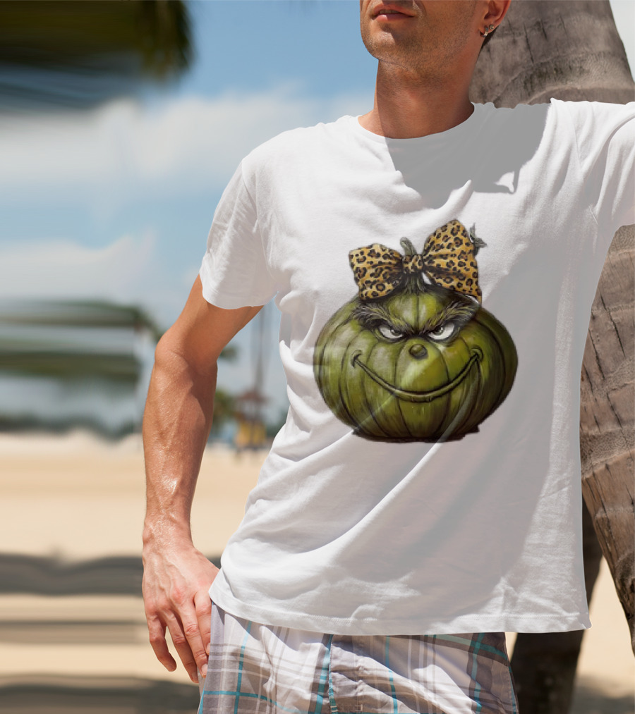 Retro Vintage Leopard Bow Grinch Pumpkin T-Shirt