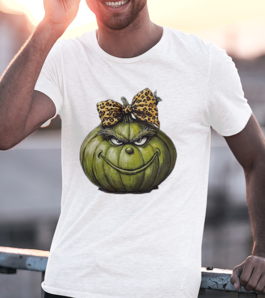 Retro Vintage Leopard Bow Grinch Pumpkin T-Shirt