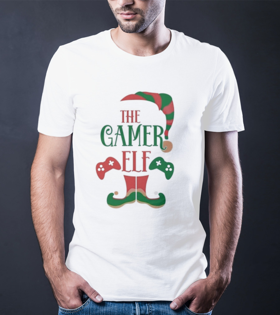 The Gamer Elf With Christmas Hat And Controllers T-Shirt