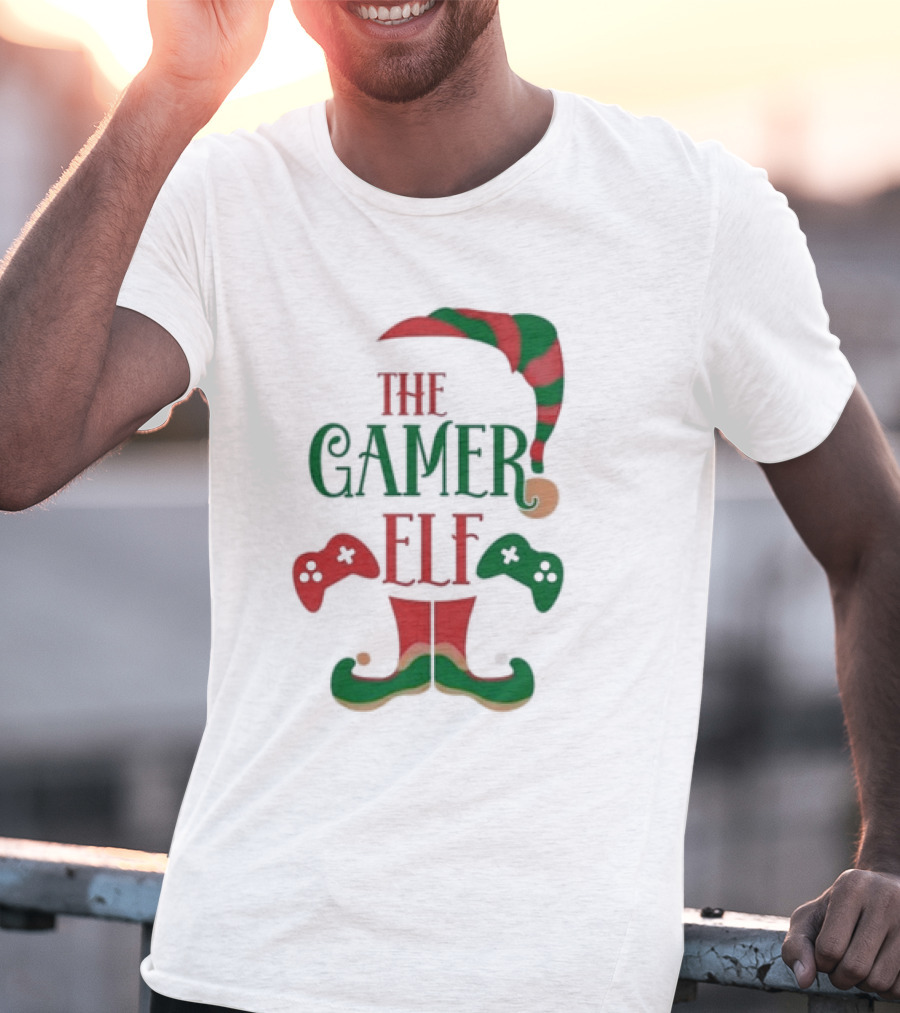 The Gamer Elf With Christmas Hat And Controllers T-Shirt