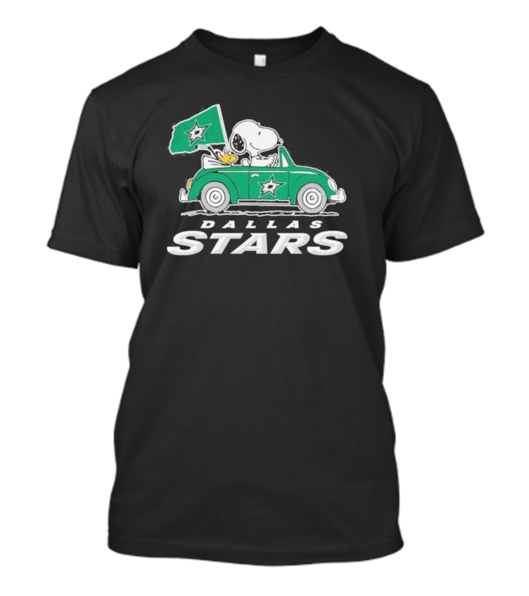 Snoopy And Woodstock Driving Green Car With Dallas Stars Flag T-Shirt