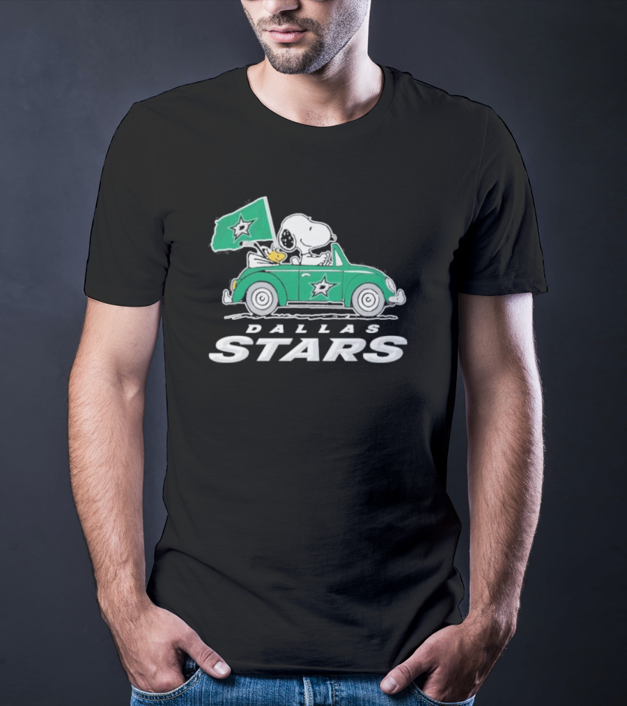 Snoopy And Woodstock Driving Green Car With Dallas Stars Flag T-Shirt