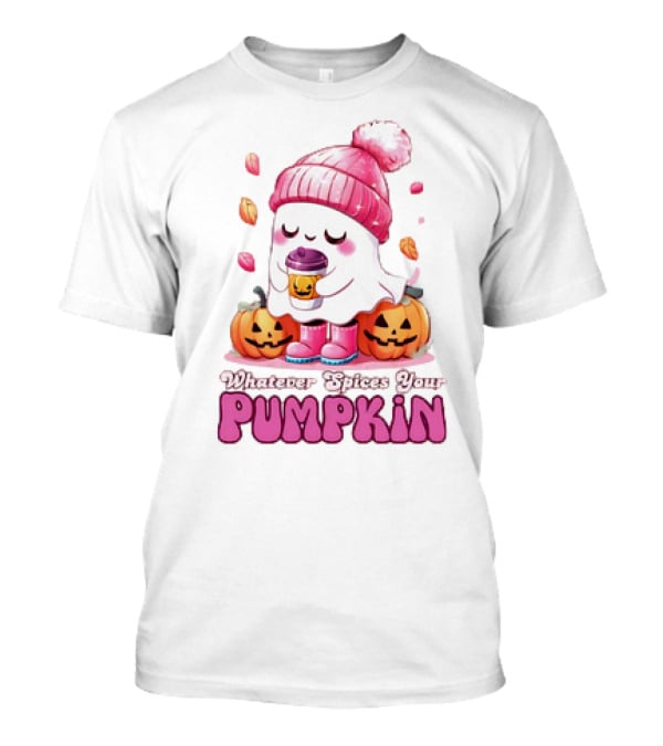 Ghost In Pink Beanie With Coffee And Pumpkins Whatever Spices Your Pumpkin T-Shirt