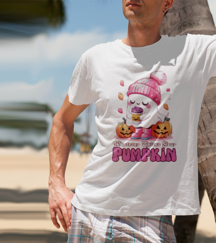 Ghost In Pink Beanie With Coffee And Pumpkins Whatever Spices Your Pumpkin T-Shirt