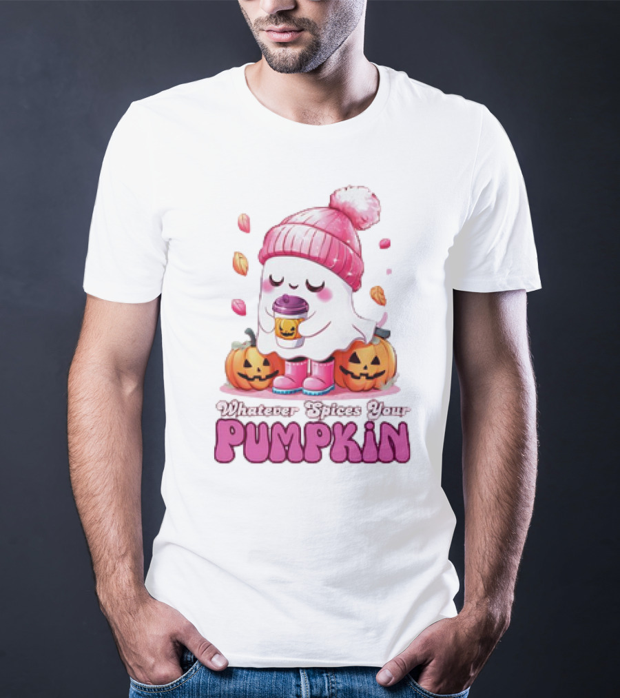 Ghost In Pink Beanie With Coffee And Pumpkins Whatever Spices Your Pumpkin T-Shirt