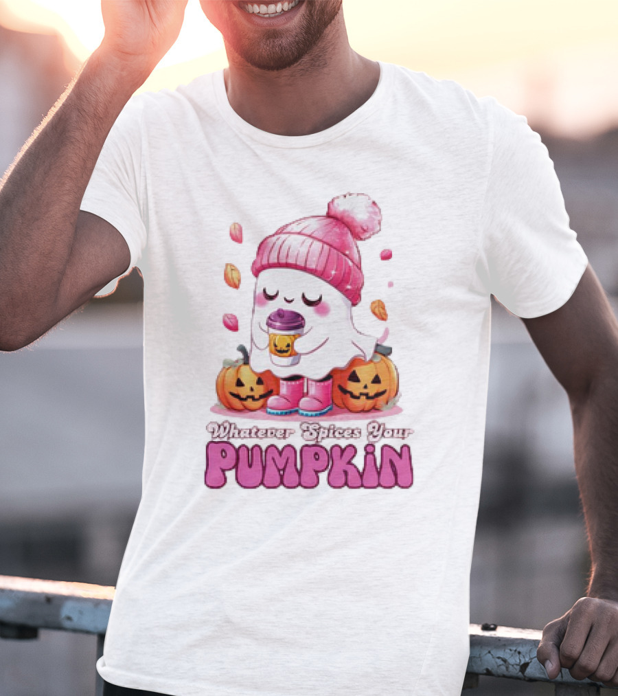 Ghost In Pink Beanie With Coffee And Pumpkins Whatever Spices Your Pumpkin T-Shirt