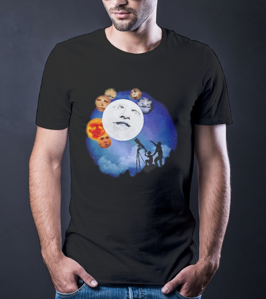 Man And Child Stargazing At Moon And Face Planets T-Shirt