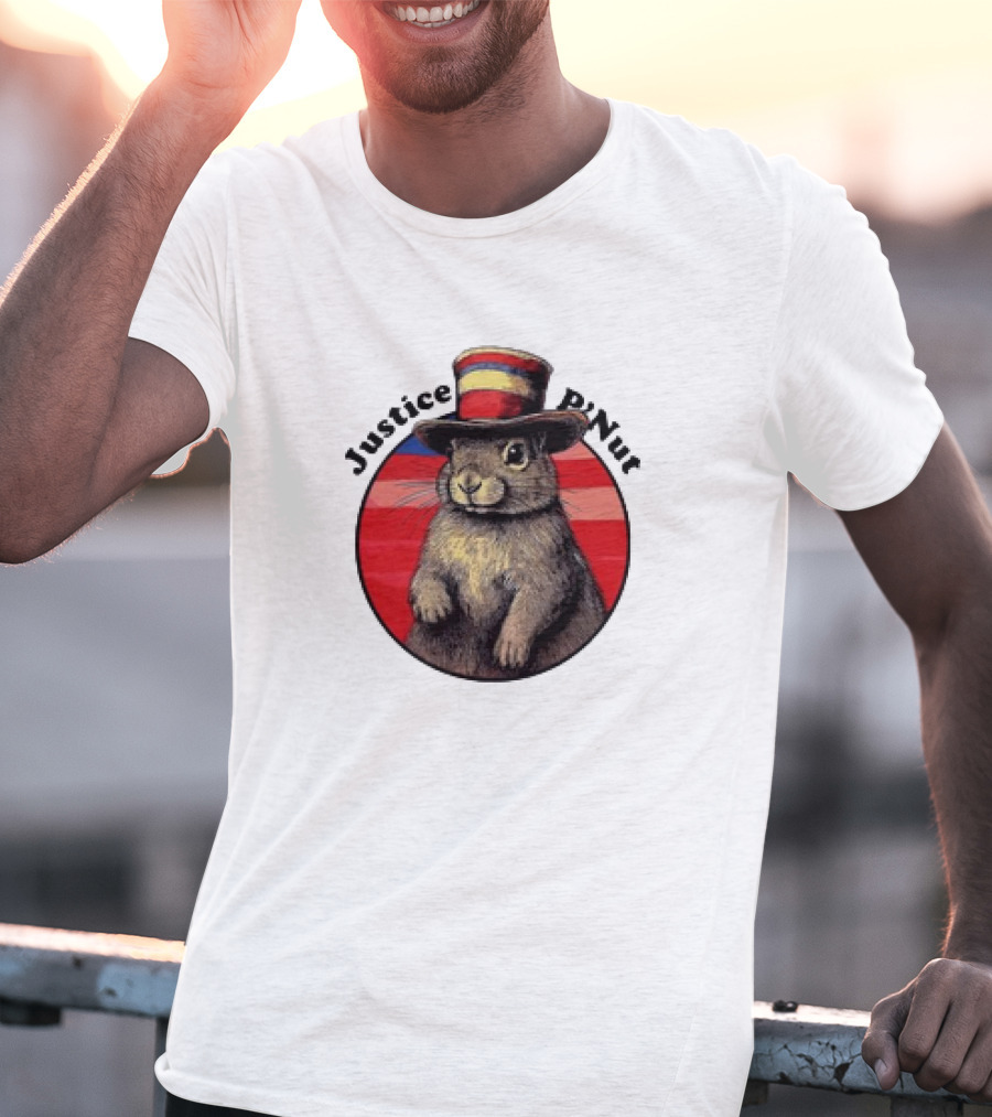 Justice P’Nut Squirrel Wearing Vintage Hat With Red Blue Stripes T-Shirt