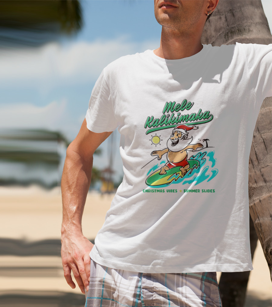 Mele Kalikimaka Santa Surfing Christmas Vibes Summer Slides Tropical Sun T-Shirt