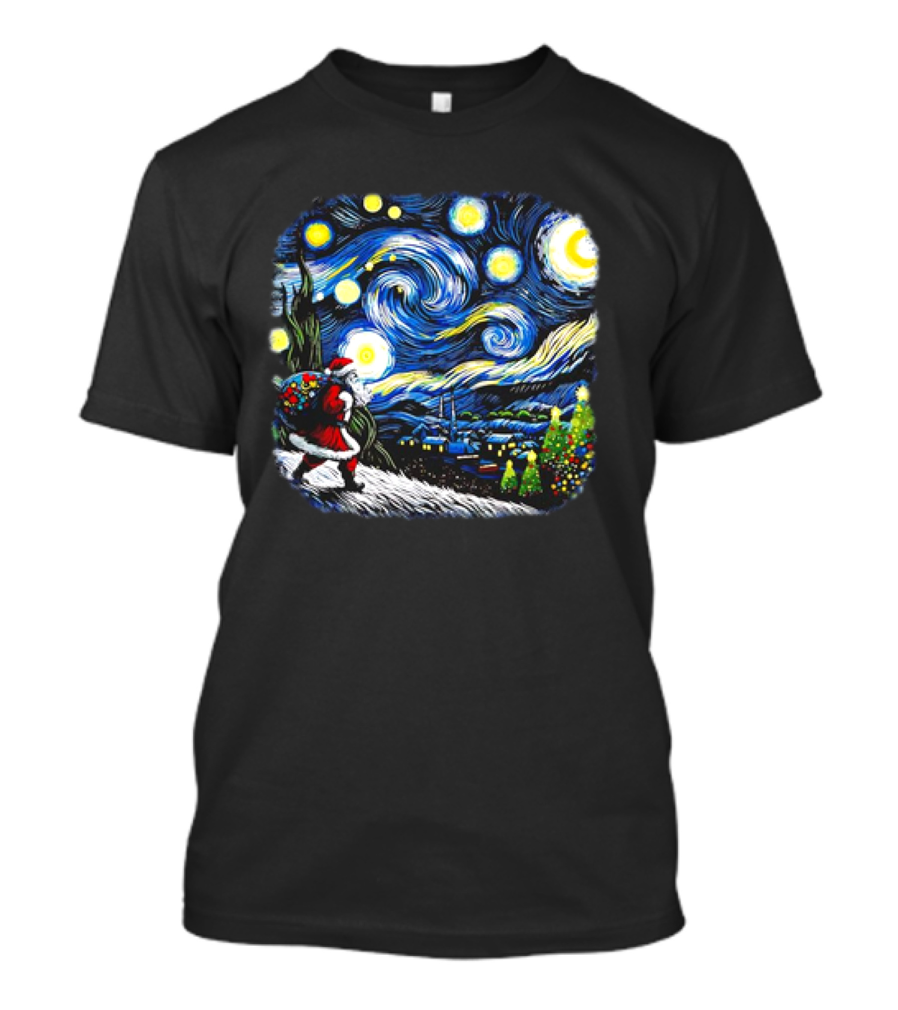 Van Gogh Starry Night Santa Christmas Winter Snowy Night Scene T-Shirt