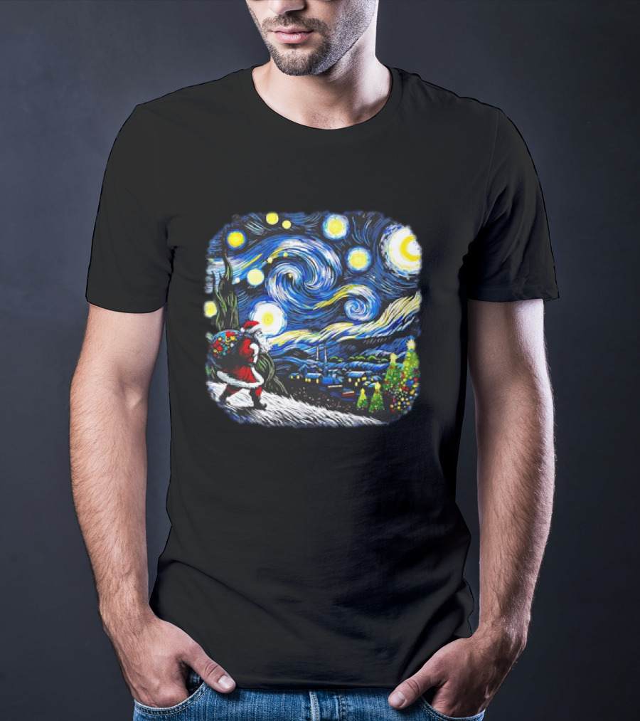 Van Gogh Starry Night Santa Christmas Winter Snowy Night Scene T-Shirt