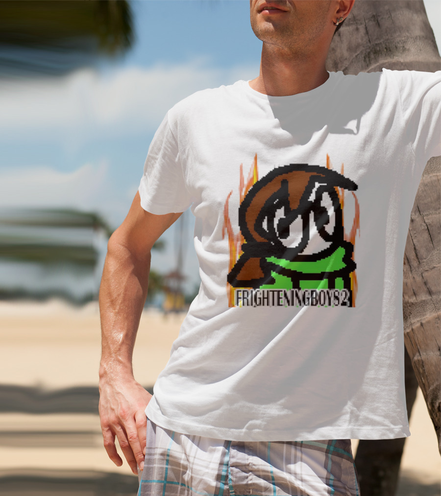 FRIGHTENINGBOY82 Leaf Pixel Art Character With Green Scarf And Flames T-Shirt