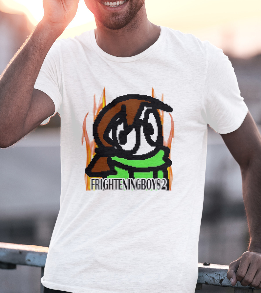 FRIGHTENINGBOY82 Leaf Pixel Art Character With Green Scarf And Flames T-Shirt