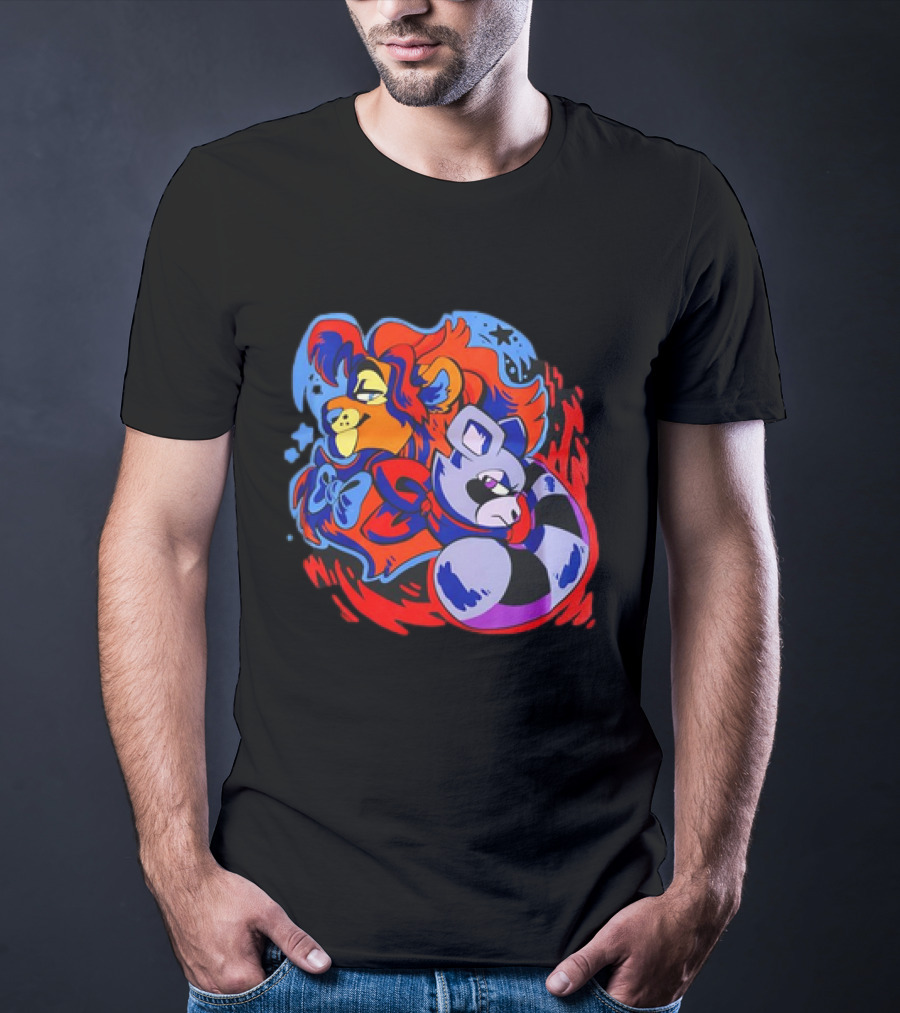 Lion And Raccoon Cartoon With Colorful Flowing Manes And Scarves T-Shirt