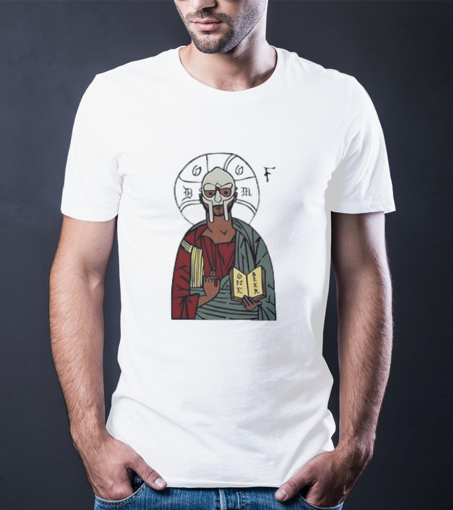 MF DOOM Cartoon Iconic Mask With Sacred Imagery And Open Book One Beer T-Shirt