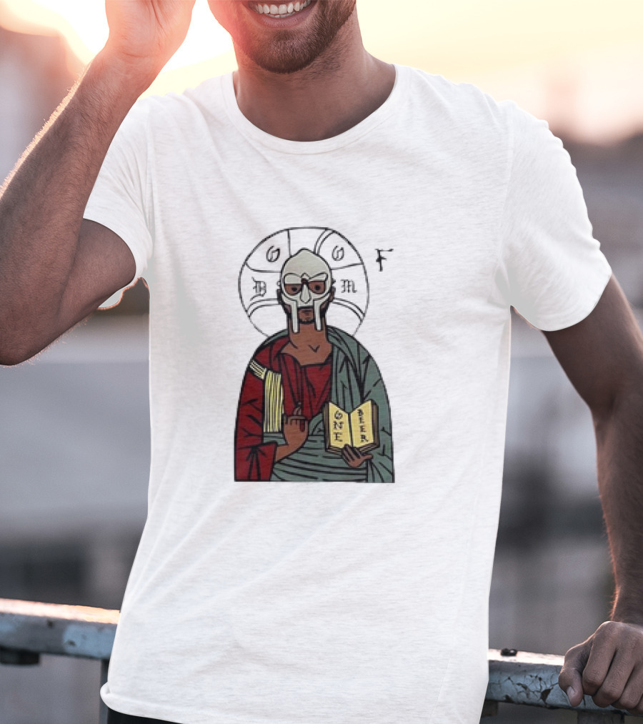 MF DOOM Cartoon Iconic Mask With Sacred Imagery And Open Book One Beer T-Shirt