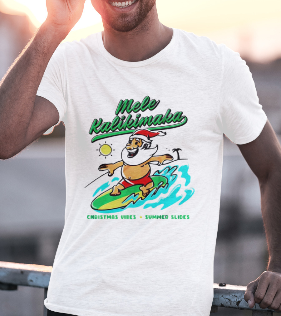 Mele Kalikimaka Santa Claus Surfing Christmas Vibes Summer Slides T-Shirt
