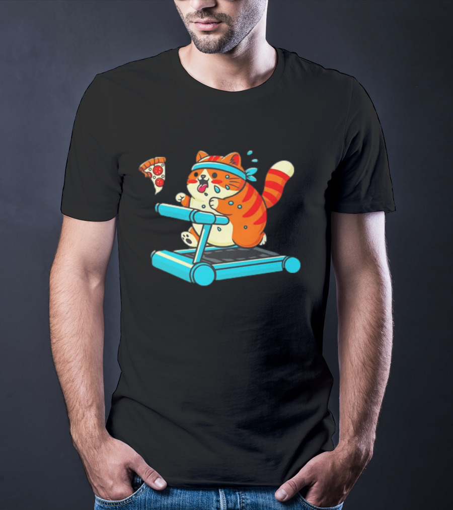 Chasing Dreams And Pizza Slices Chonky Cat Running On Treadmill T-Shirt