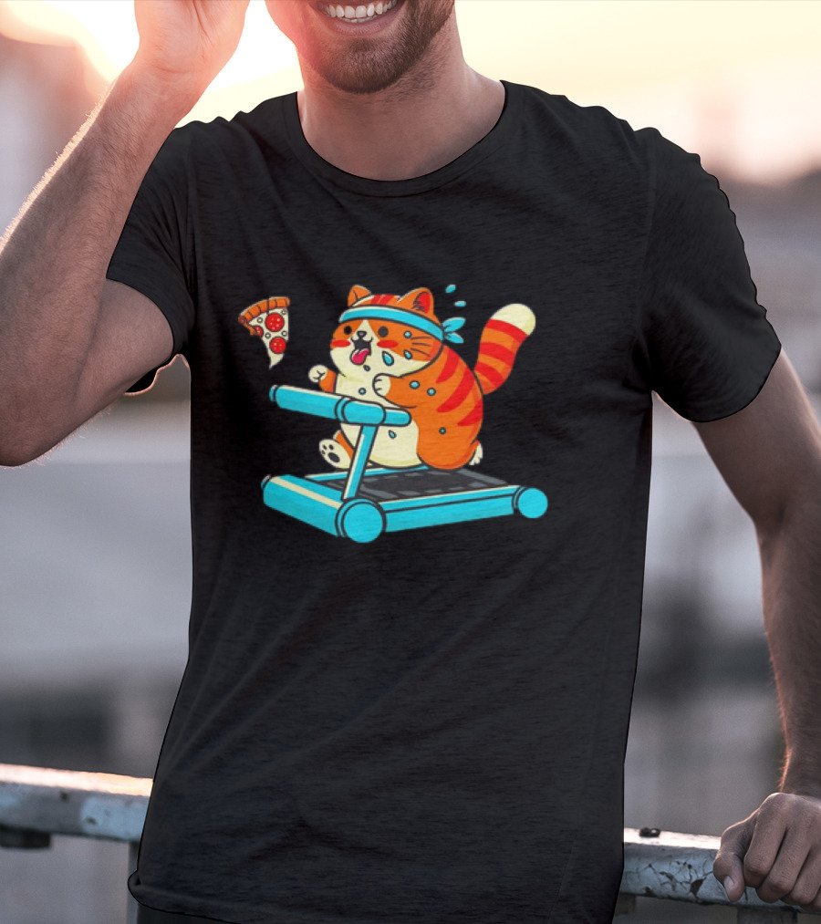 Chasing Dreams And Pizza Slices Chonky Cat Running On Treadmill T-Shirt