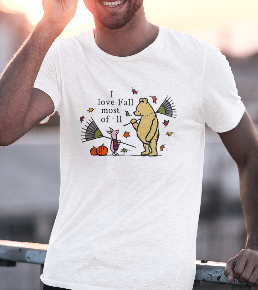 I Love Fall Most Of All Winnie The Pooh Piglet Raking Leaves Pumpkins T-Shirt