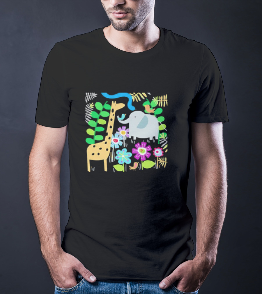 Safari Animal Party Jungle Giraffe Elephant Floral T-Shirt