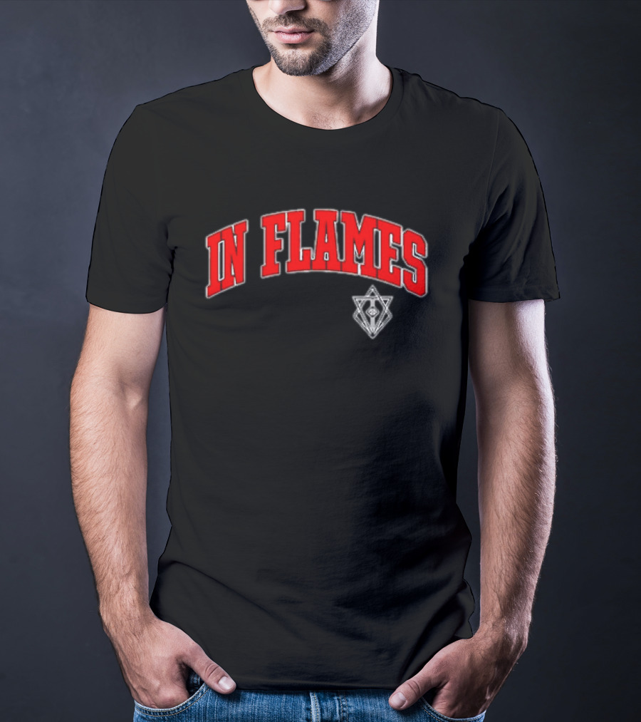 In Flames Red Collegiate Text With Geometric T-Shirt