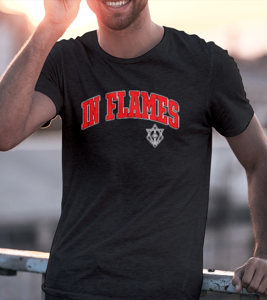 In Flames Red Collegiate Text With Geometric T-Shirt