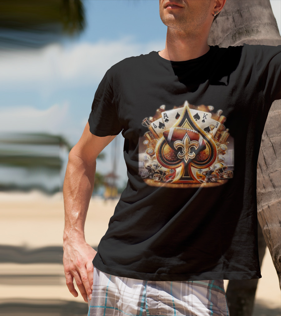 New Orleans Saints Gold Spade Football And Fleur-de-Lis With Playing Cards And Helmets T-Shirt