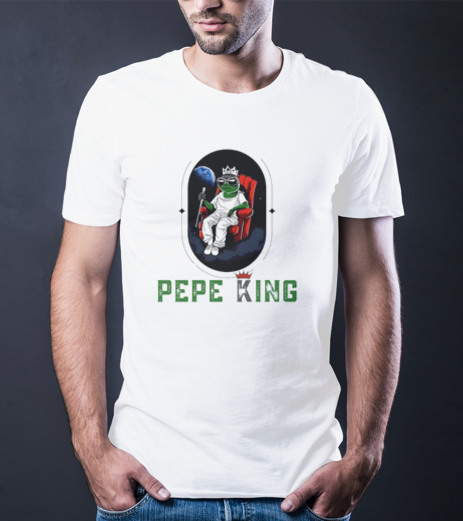 Pepe King Meme Coin Earth Throne Crown Chair T-Shirt
