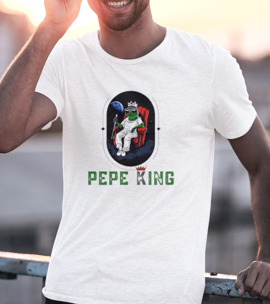 Pepe King Meme Coin Earth Throne Crown Chair T-Shirt